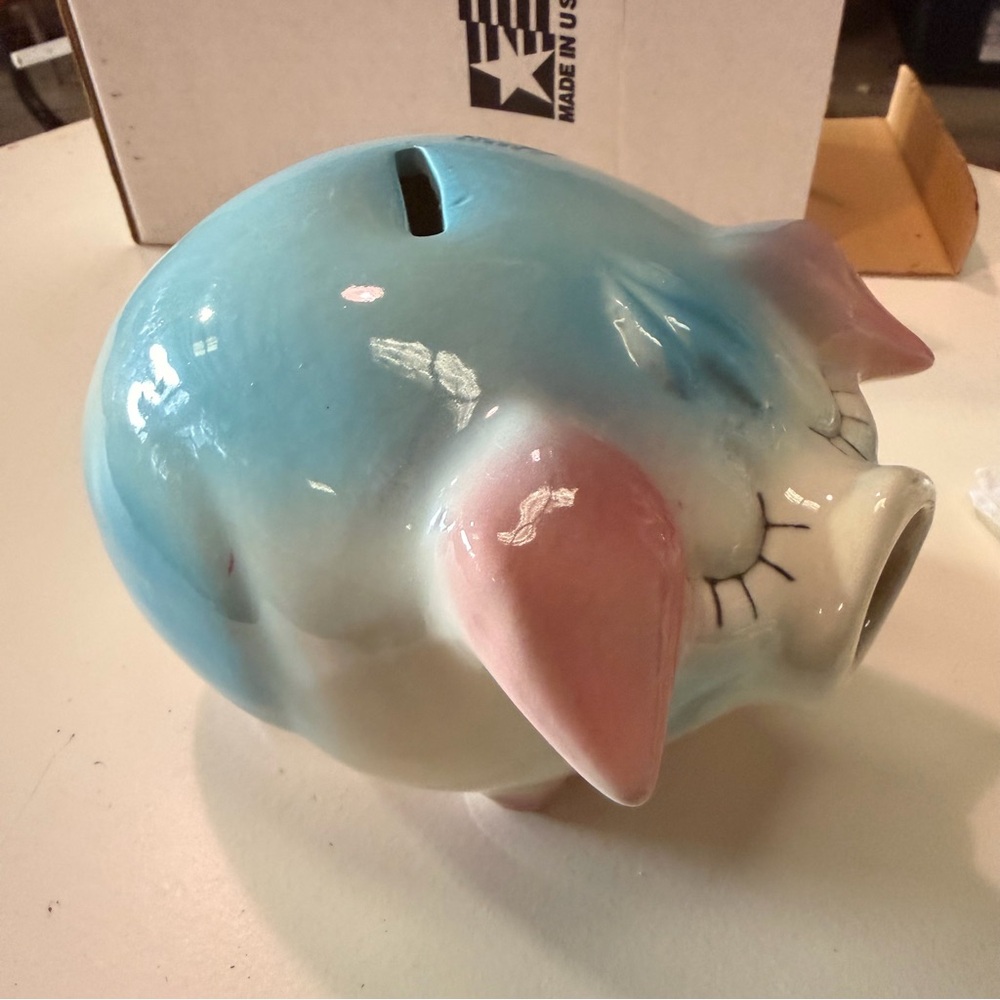 Vintage Tiara Exclusives Ceramic Piggy Bank Pastel Blue Pink USA